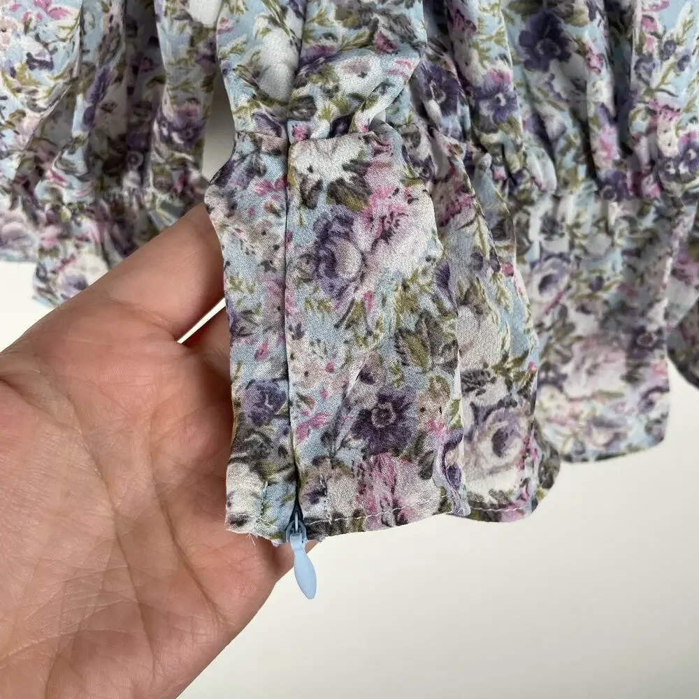 ASTR Floral Puff Sleeve Top Blue Purple Multi Size S Bustier